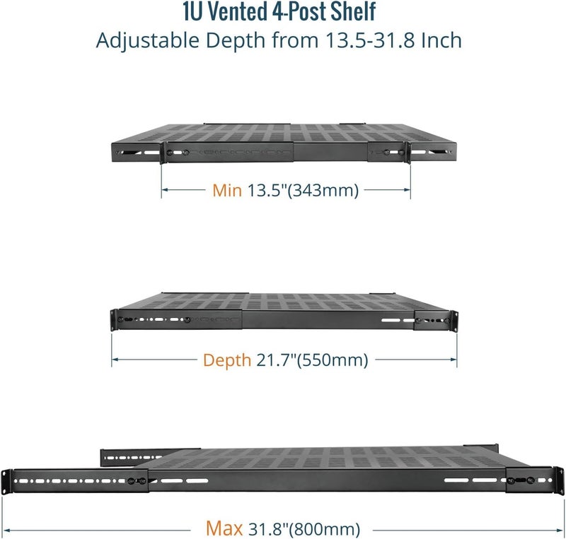 Tecmojo 1U 4-Post Vented Server Rack Mount Shelf,21.7in Deep with Adjustable Depth 13.5-31.8 Inch,Supports to 242 lbs,Universal Tray for 19 Inch AV/Network Equipment Rack,Black - Image 3